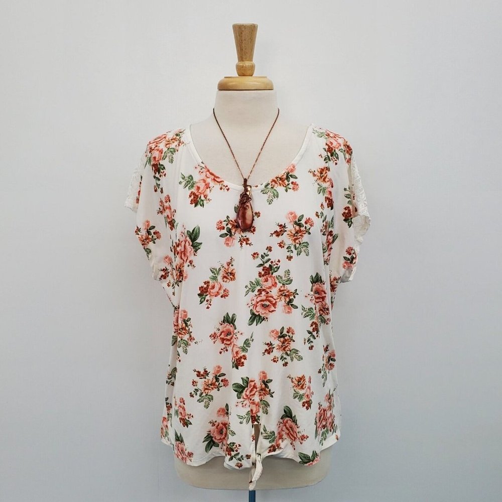 Bobbie Brooks Womens Floral Front Knot V-Neck Blouse Top‎ Size 2X Cream Pink